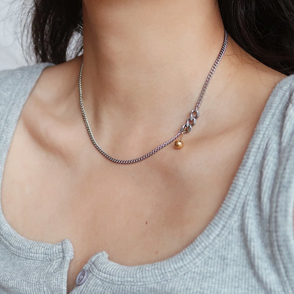 NEW Two Tone 18K Gold Plated Link Chain Gold Ball Bar Necklace - Picture 4 of 11